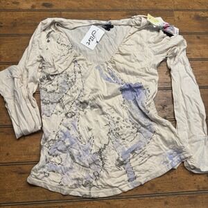 ANAMA Women's Size L Long Sleeve T-Shirt Button‎ Sleeves Beaded Abstract NWT